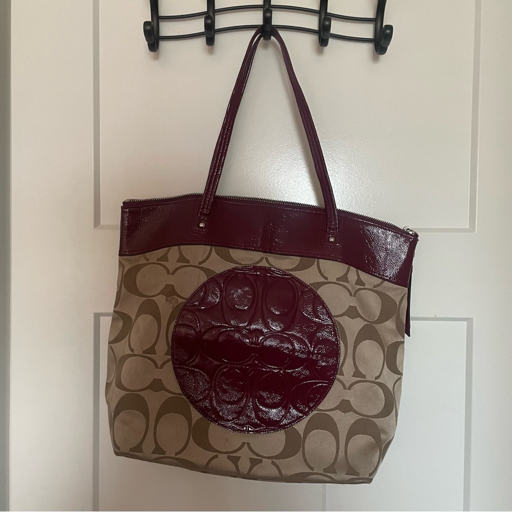 Coach Maroon and Beige Signature Tote